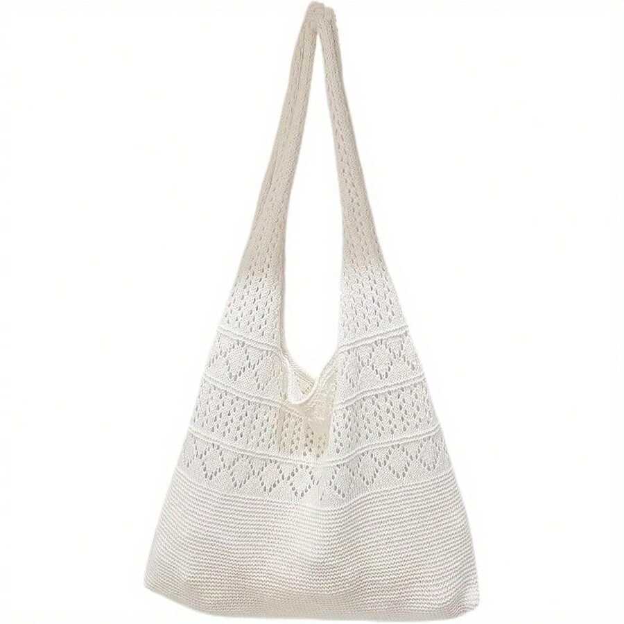 Borsa a tracolla all'uncinetto Enberi da donna - Borsa a spalla bohémien Fairycore con parte superiore aperta e cinghie fisse, borsa da spiaggia estiva con motivo beige e bianco per vacanze, uscite casual, borsa all'uncinetto, borsa a tracolla per tutti i giorni, stile boho chic, accessorio fatto a mano, borsa aperta, accessorio da festival, stile hobo, fibra naturale, accessorio da festival