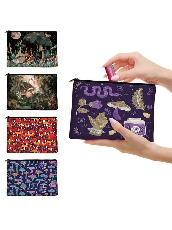 Whimsical Mushroom Printed Canvas Toiletries Bag- Fashionable Design, Zipper Closure, Foldable, Lightweight, Fade-Resistant- Perfect Gift For Bridesmaids, Teachers And Friends, Also Can Be Used As A Machine Washable Women's Makeup Bag. Back To School Book Bag, Travel Essentials, Beach Summer Vacation Travel Organizer Bag