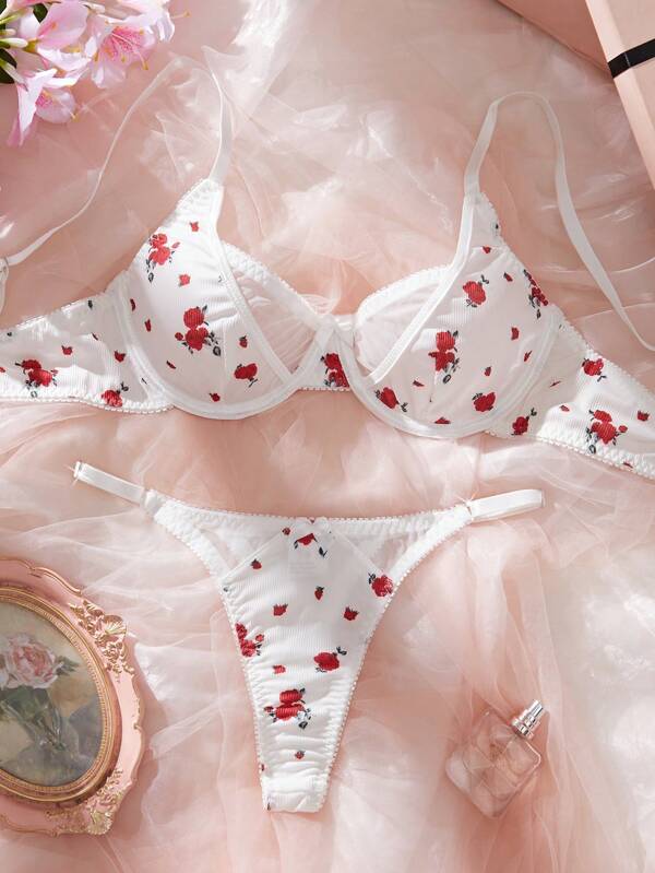 2pcs Set Rose Striped Comfortable Sexy Lingerie Set For Women