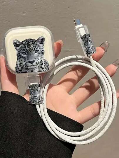 3 件银色豹纹和虎纹 TPU 充电头和电缆保护器套装，兼容 Apple 20W 英国插头快速充电器适配器充电器配件、手机配件