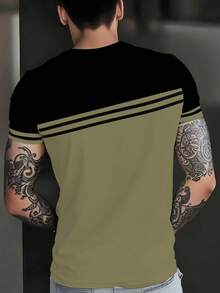 Camiseta de manga corta de verano informal para hombres con de color y piezas insertadas - Verde - Ver 4
