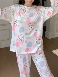 AICJ 2pcs/Set Women Cartoon Bear Print Casual Pajama Set, Long Sleeve Round Neck Top And Long Pants, Comfortable Loose Fit, Suitable For Spring,Autumn,Winter Home Wear, Fall Clothes