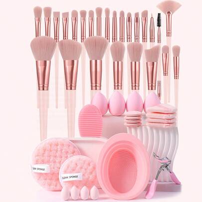 46pcs Makeup Tool Set Including 25pcs Makeup Brush &Makeup Sponge &Finger Puff &Makeup Puff Sponge Triangle& Makeup Brush Cleaner Bowl & Eyelash Curler & For Liquid, Cream, And Powder - Buffing, Blending, And Face Brush