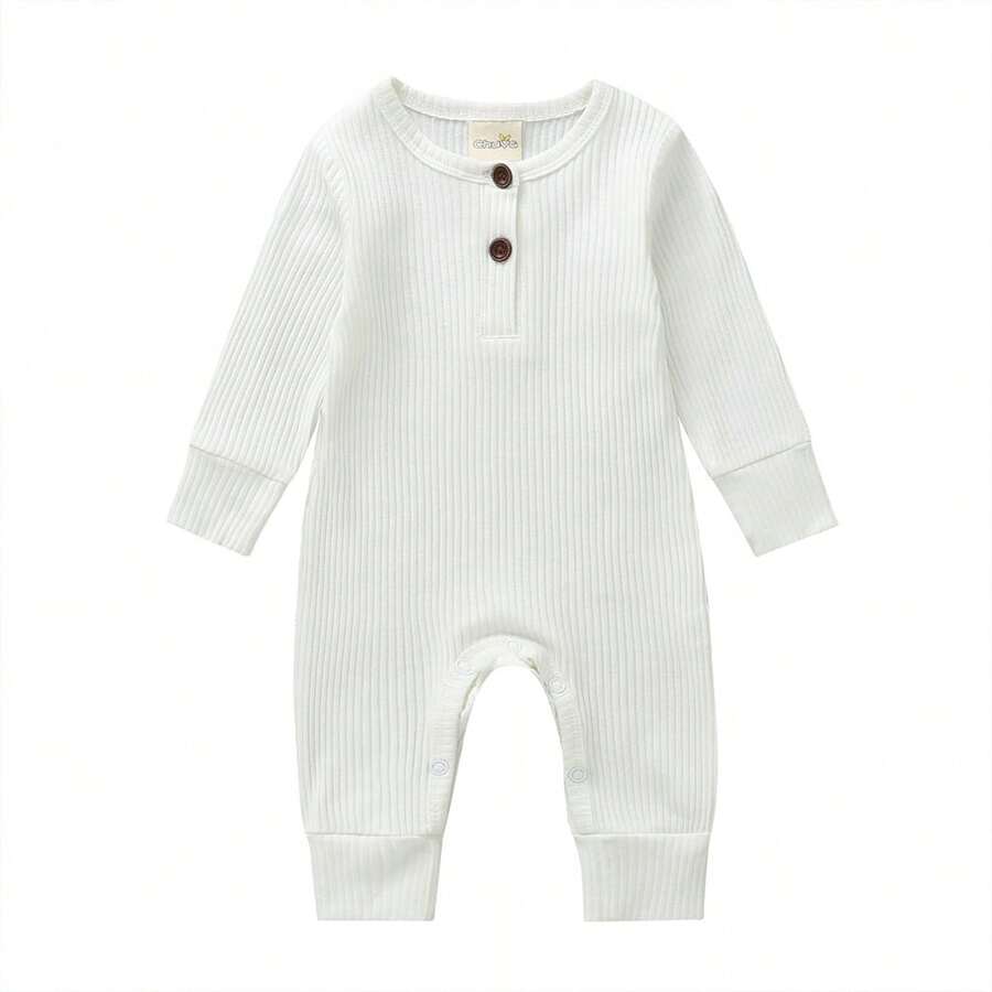 Newborn Baby Boy Girl Knitted Rib Romper Infant One Piece Jumpsuit Cotton Solid Long Sleeve  Bodysuit Basic Coming Home Outfits - White - View 1