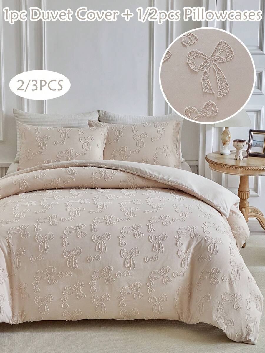2/3 件卡其色蝴蝶结图案簇绒涤纶羽绒被套套装，现代别致可爱儿童四季床上用品套装，青少年被套套装，柔软透气，可机洗，（1 个羽绒被套 + 1/2 个枕套）
