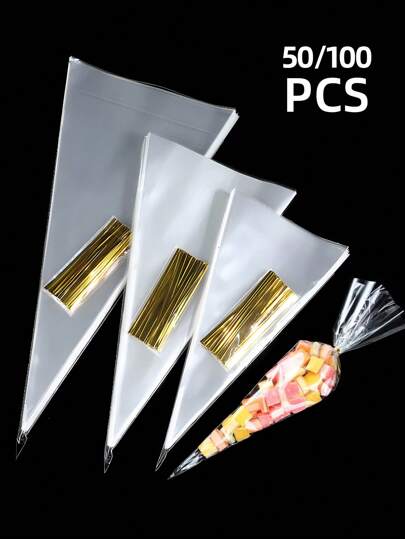 50/100pcs Transparent Cone-Shaped Packaging Bags, Waffle Cone Bags, Cone-Shaped Snack Bags, Triangle Food Bags, With Twist Ties - Convenient & Practical | Moisture-Proof | Suitable For Candy, Chocolate, Cookies, Pastries, Marshmallows, Snacks Etc. | Great For Home, Kitchen, Restaurant, Candy Store, Gift Shop, Wedding, Birthday Party Decorations, Wedding Gift Packaging, Kitchen Supplies, Ideal Gift