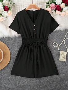 欧美风女款V领纯色蝙蝠翼短靴配纽扣连体裤 - 黑色 - 查看 3