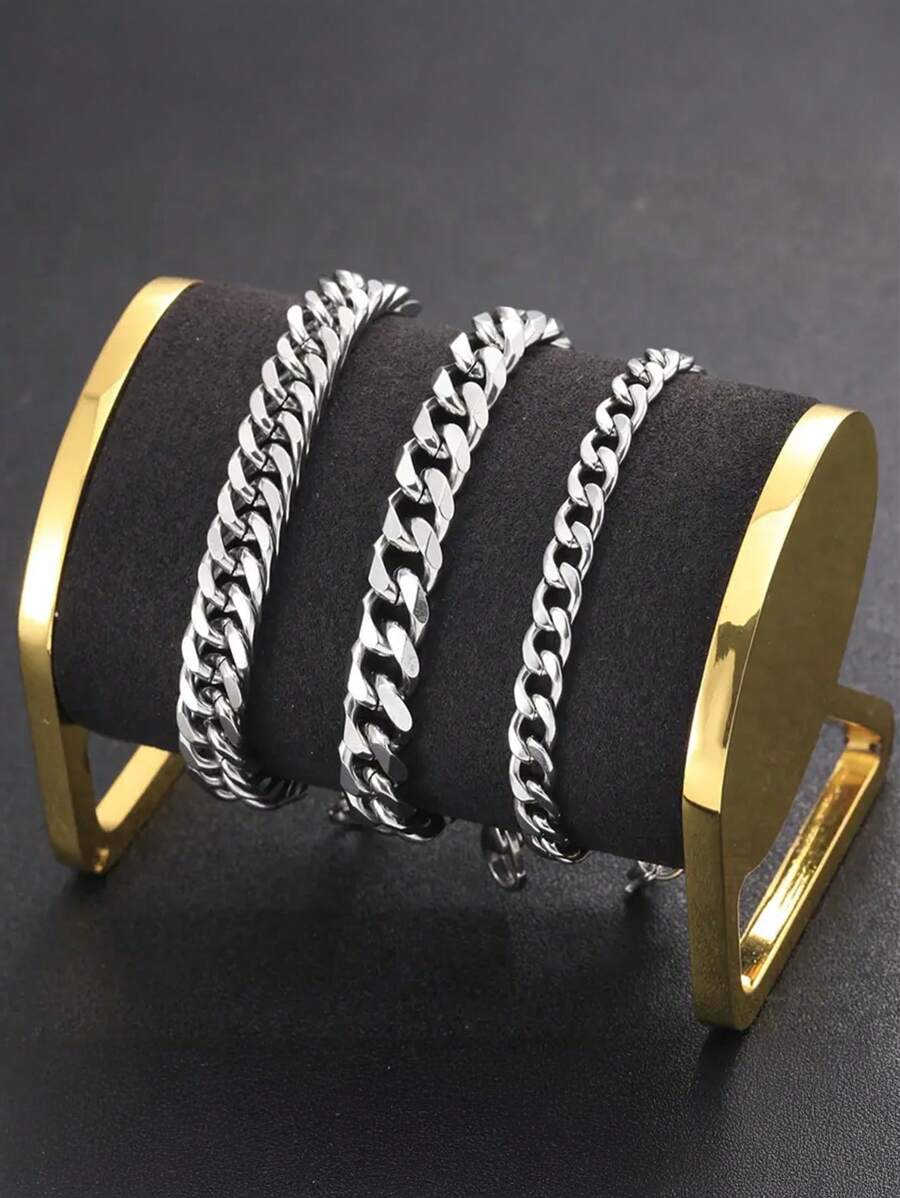 3pcs/Set Men's Stainless Steel Simple Fashion Chain Bracelet, Suitable For Daily Matching