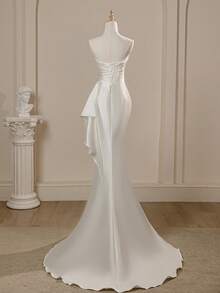 Women Solid Satin Sequins Lace Strapless Tail Elegant Mermaid Wedding Dresses Bridal, For Bride - White - View 3