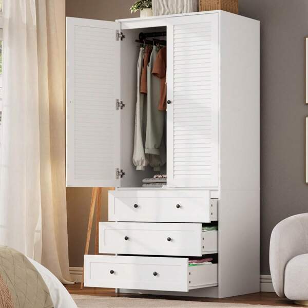 mteryoing 69.5" Large Wooden Armoire With Louvered Doors - Solid Wood Wardrobe Cabinet W/ Hanging Rod & 3 Drawers, Modular Storage For Bedroom, Master Suite