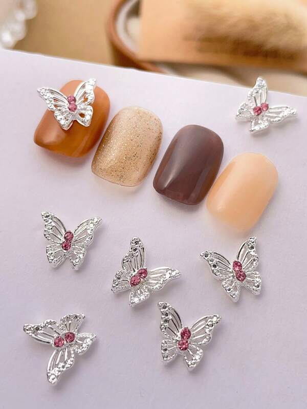 10pcs Nail Decoration, Silver, 3D Butterfly Shape, Shiny Pink Rhinestones Suitable For Nail Art Creation, Cute Style, DIY Decorative Accessories Nails Charms Nails Supplies Nail Art Nails Gems