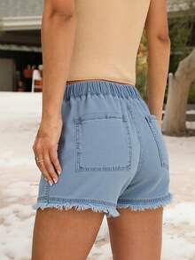 Women's Denim Shorts Summer High-Waisted Shorts Waist Drawstring Models Casual Non-Stretch Cotton Shorts - Light Wash - View 5