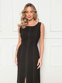 DUOUNO MODAS - VESTIDO REGATA LONGO FEMININO MARANTE COM ZÍPER ATRÁS E BOLSOS - VESTIDOS LONGOS FEMININOS FEMININAS - Preto - Visão 6