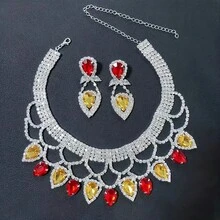Conjunto de pendientes y collar de diamantes de imitación hechos a mano exagerados y exquisitos para mujer a, accesorios de joyería para vestido de baile de novia OJAZ - Amarillo Rojo - Ver 13