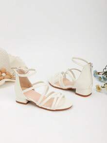 1 双夏季新款时尚高跟公主凉鞋，适合小女孩，学生舞蹈表演鞋，花朵和珍珠装饰罗马高跟鞋，适合婚礼、派对、日常穿着 - 白色 - 查看 8