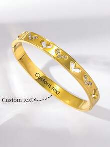 1pc Fashionable 18K Stainless Steel Hollow Heart Shape Zirconia Engraved Wide Cuff Bracelet, Suitable For Women Daily Or Festival Gifts