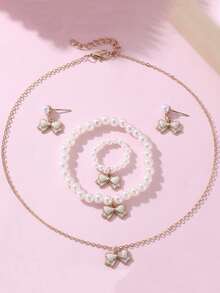 Conjunto de 5 peças/conjunto elegante estilo princesa com pérolas artificiais, laços, colar, pulseira, anel, brincos, adequado para o dia a dia, festas, aniversários, fotos - Tamanho Único - Ver 2