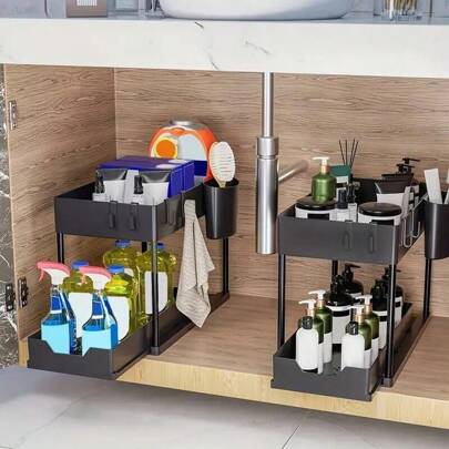 2 Tier Under Sink Organizer, Bathroom Cabinet Organizer, 2 Tier Sliding Cabinet Basket Organizer Drawer, Multi-Purpose Bath Collection Baskets For Bathroom