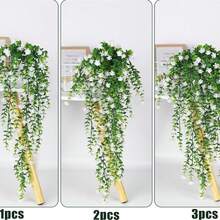 1/25 人造垂吊植物，仿真蔓生植物，盆栽绿植，仿桉树，飘香藤盆栽，适合室内/室外装饰，例如家居花园、婚礼、派对，抗紫外线，绿化效果好，人造装饰叶，热带植物叶，适用于婚礼、花园、庭院、窗台花箱、农舍装饰、仿真绿植、情人节派对装饰、情人节礼物 - 白色 - 查看 7