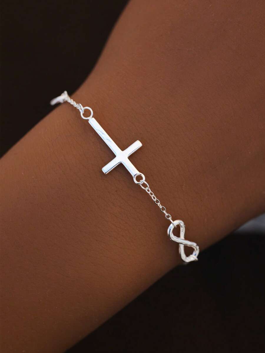 SYMFNY [Boutique de luxe] Bracelet en argent 925 avec croix et symbole de l'infini pour femmes, style minimaliste Ins, convient pour le travail, les rendez-vous, les soirées, les bijoux superposés, cadeau pour la meilleure amie, Saint-Valentin