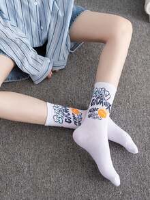 5/10 双涂鸦风格男女款中筒袜。独特时尚的街头风格袜子。适合日常穿着。秋季袜子 - 彩色 - 查看 5
