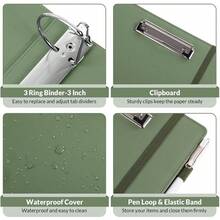 Neww  3 Ring Binder 3 Inch D Ringr  Clipboard, PU Heavy Duty Clipboard Binder  Notepad & 5 Dividers  5 Pockets, Labels, Clipboard Folder Great For School Office - 橄欖綠字母尺寸 - 3 英寸 - 查看 7