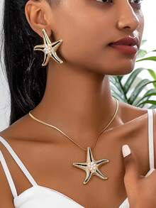 1 Set Fashion Personalized Faux Pearl Starfish Enamel Decor Necklace & Earrings Jewelry Set, Suitable For Women Party, Gathering, Beach Travel, Gift - Jewelry Set - View 4