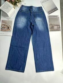 女士度假风 Y2K 水洗做旧阔腿牛仔裤，休闲春季款 - 中等水洗藍 - 查看 10