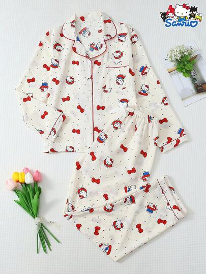 Sanrio Officially Licensed 2pcs Set Women Mini Polka Dot Sanrio Hello Kitty Collared Long Sleeve Button Pocket Top & Bowknot Pants Pajama Set, Suitable For Home Wear, Spring/Summer, Fall Winter Clothes