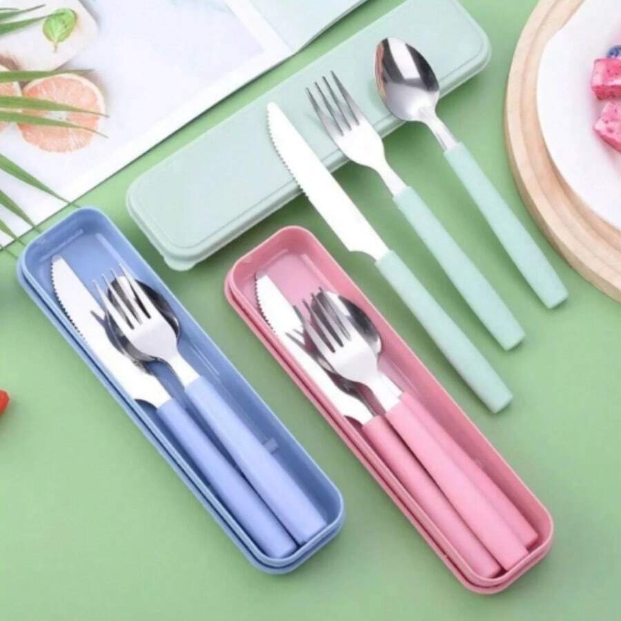 Set Of 3 Cutlery 1 Stainless Steel Case Fork Knife Spoon Lunch Box - Green - View 1