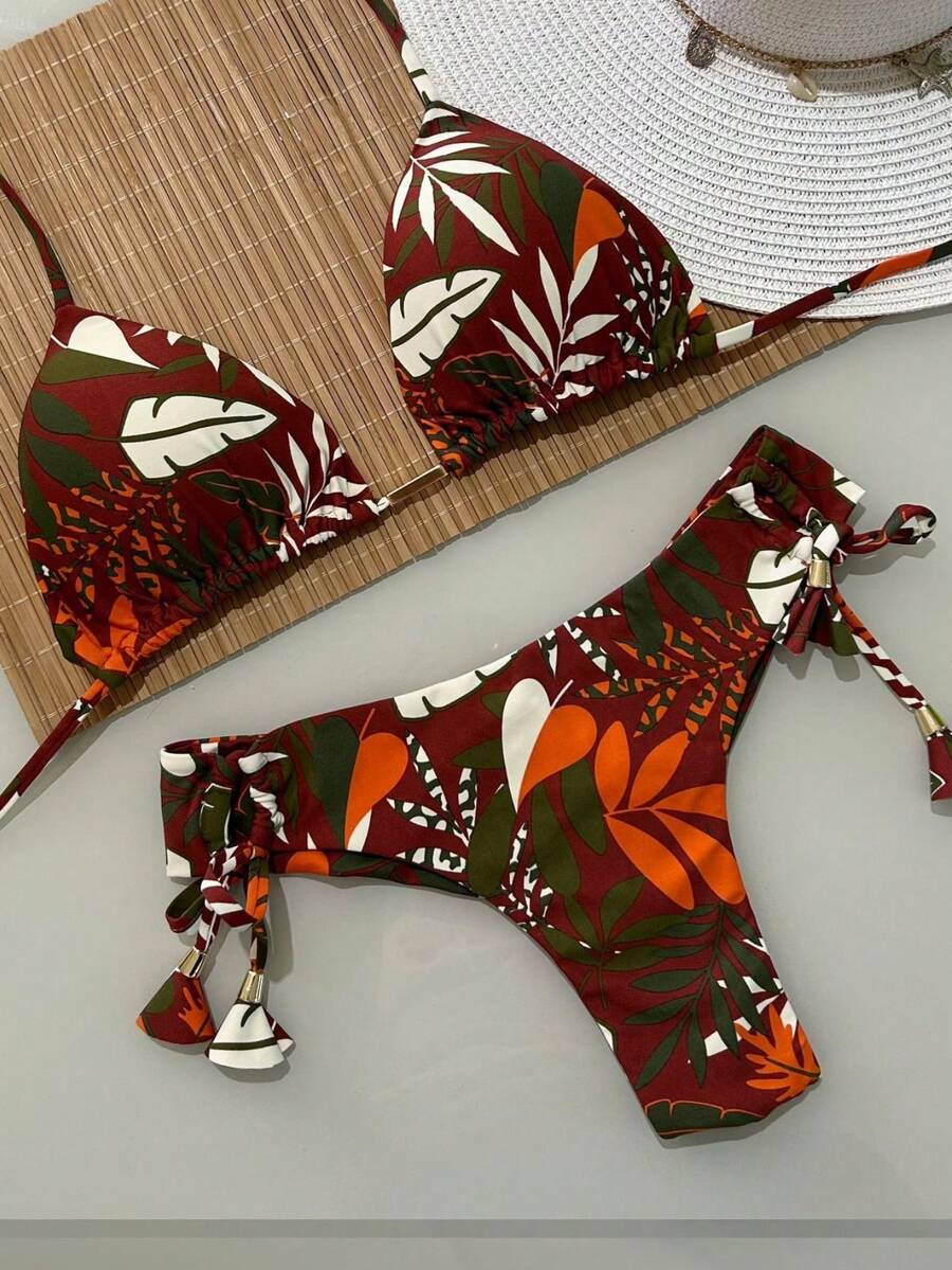 Printed Triangle Bikini With Double String Panties – Various Prints | S To XL - Printed Terracotta - View 1