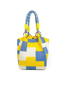 1pc Multicolor Geometric Pattern Knitted Handbag, Women Portable Foldable Dual Handle Small Tote Bag With Magnetic Closure, Suitable For Commuting, Vacation, Beach, Shopping