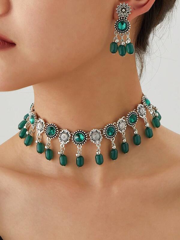 1pc Fashion Colorful Beaded Necklace, 1 Pair Matching Stylish Earrings, Suitable For Parties, Daily Wear, Gifts