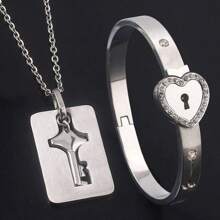 rongji jewelry 1 Set Pulsera y Collar de Pareja con Corazón y Candado de Acero de Titanio, Resistente al Desgaste, Regalo del Día de San Valentín, Mamá, Madre, Día de la Madre