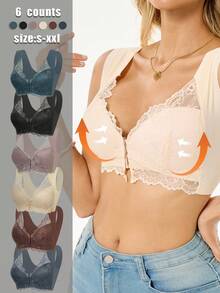 6pcs Elegant Floral Lace Women'S Push-Up Bras - Wireless Front Closure, Soft Breathable Wide Shoulder Straps, Full Coverage & Jacquard Pattern, 6 Colors For Daily Wear, Home & Dates, Stylish Bras For Women, Seamless Support, Comfortable Strapless Bras - 彩色 - 查看 9