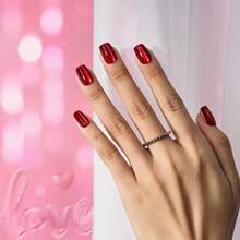 Press On Nails Red - Cat Eye Press On Nails Square For Gifts,Cherry Short Stick On Nails With Glue, Glossy Reusable Nail Tips In 15 Sizes - 30 Soft Gel Fake Nails Kit, Hot Love - 玫瑰紅 - 查看 4