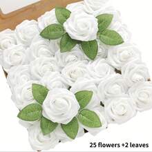 27 piezas de flores artificiales, 25 flores y 2 hojas con aspecto realista de espuma color marfil con tallo, rosas falsas para ramos de boda DIY, regalo de novia, centros de mesa, decoración de fiesta (Blanco) - Blanco - Ver 2