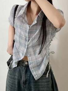 2025 Summer Women's Stylish Plaid Casual Shirt White - White - View 3