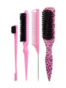 4 件套美发套装，三件套钢针尖尾梳+油发胡须刷，长柄胡须刷清洁刷，油梳和发刷，纯色，拉直发刷，男士胡须装饰造型梳，豹纹梳，返校，旅行度假必需品，女士发饰