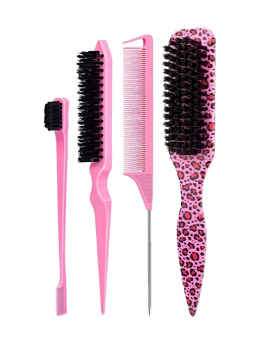 4 件套美发套装，三件套钢针尖尾梳+油发胡须刷，长柄胡须刷清洁刷，油梳和发刷，纯色，拉直发刷，男士胡须装饰造型梳，豹纹梳，返校，旅行度假必需品，女士发饰