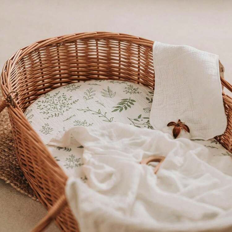 3件套通用尺寸婴儿摇篮床单，透气弹力舒适贴合，适用于椭圆形、矩形摇篮床垫，尺寸33英寸x17英寸 - 杏色+綠色花+鼠尾綠 - 查看 3