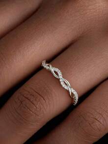 1pc 925 Sterling Silver Twisted Rope Design Ring, Inlaid With Micro Diamonds, Minimalist Everyday Ring, Women's Ring, Exquisite Women's Jewelry Gift, Women's Fashion Accessory - Micro-embellished Twisted Rope Ring - View 7