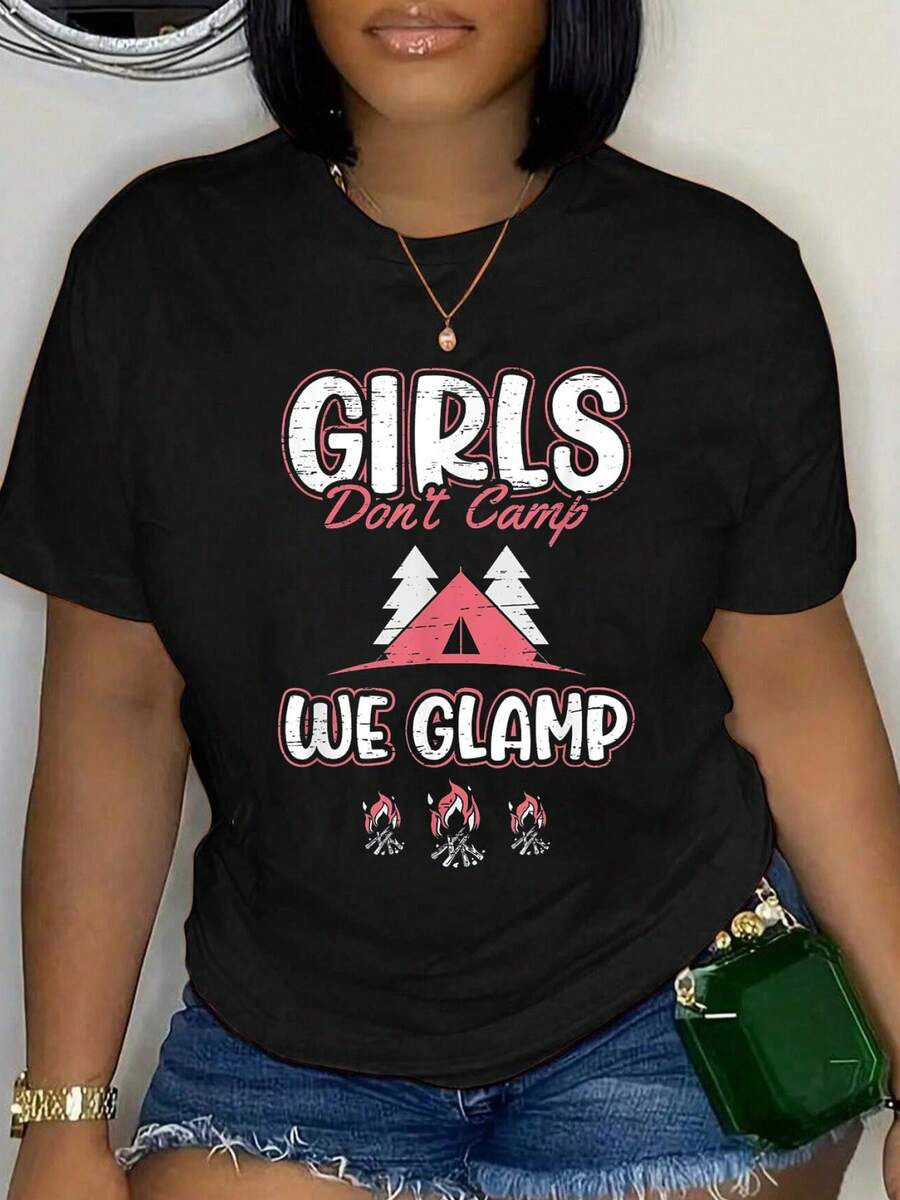 100% Cotton Girls Don't Camp We Glamp Glamper Glamping T-Shirt Unisex Classic Comfort Tee Tops Oversized Crew Neck T Shirts - 黑色 - 查看 1