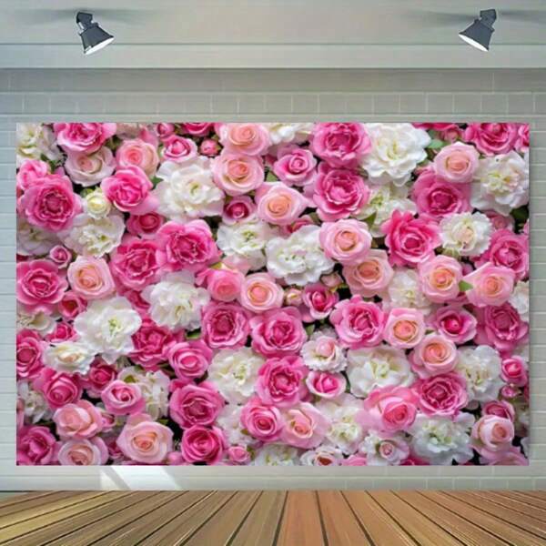 1pc 2D Flower Wall Backdrop Banner, Polyester Photography Background - Pink & White Roses Portrait, Suitable For Weddings, Bridal Showers, Multi-Purpose Photo Studio Props Decor - No Electricity Required