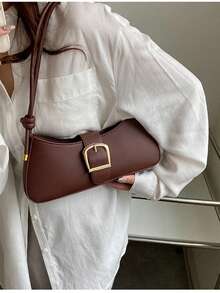 Versatile Minimalist Plain Color PU Leather Buckle Shoulder Bag - Brown - View 2
