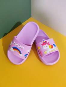 1 par de chanclas planas de EVA con arcoíris y unicornio para niños, adecuadas para uso en interiores/exteriores, hogar, baño, verano