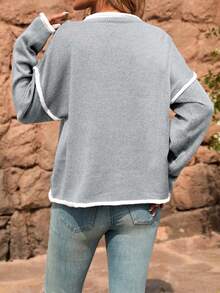 Plus Size Colorblock V-Neck Loose Knit Pullover Sweater - Light Grey - View 3