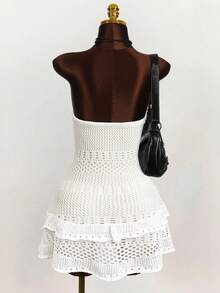 Mejors 女士泳装 Y2K 性感休闲夏季针织沙滩罩衫连衣裙纯色镂空荷叶边钩编前系带锐舞乡村音乐会度假沙滩服装波西米亚风女装 - 杏色 - 查看 8