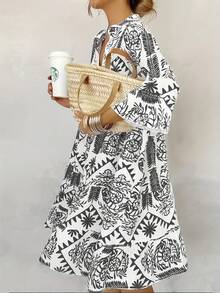 1 chiếc váy dài cài nút bằng vải dệt Bohemian họa tiết Paisley, phù hợp cho mọi mùa - màu đen - Xem 1
