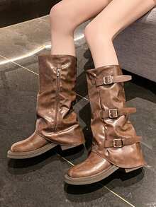 Fall/Winter Multiple Strap Buckle Over-The-Knee Boots Women, Soft Leather Retro Brown Western Cowboy Boots, Chunky Heel High Shaft Riding Boots, Petite British Style High Heeled Slim Boots - Brown - View 3